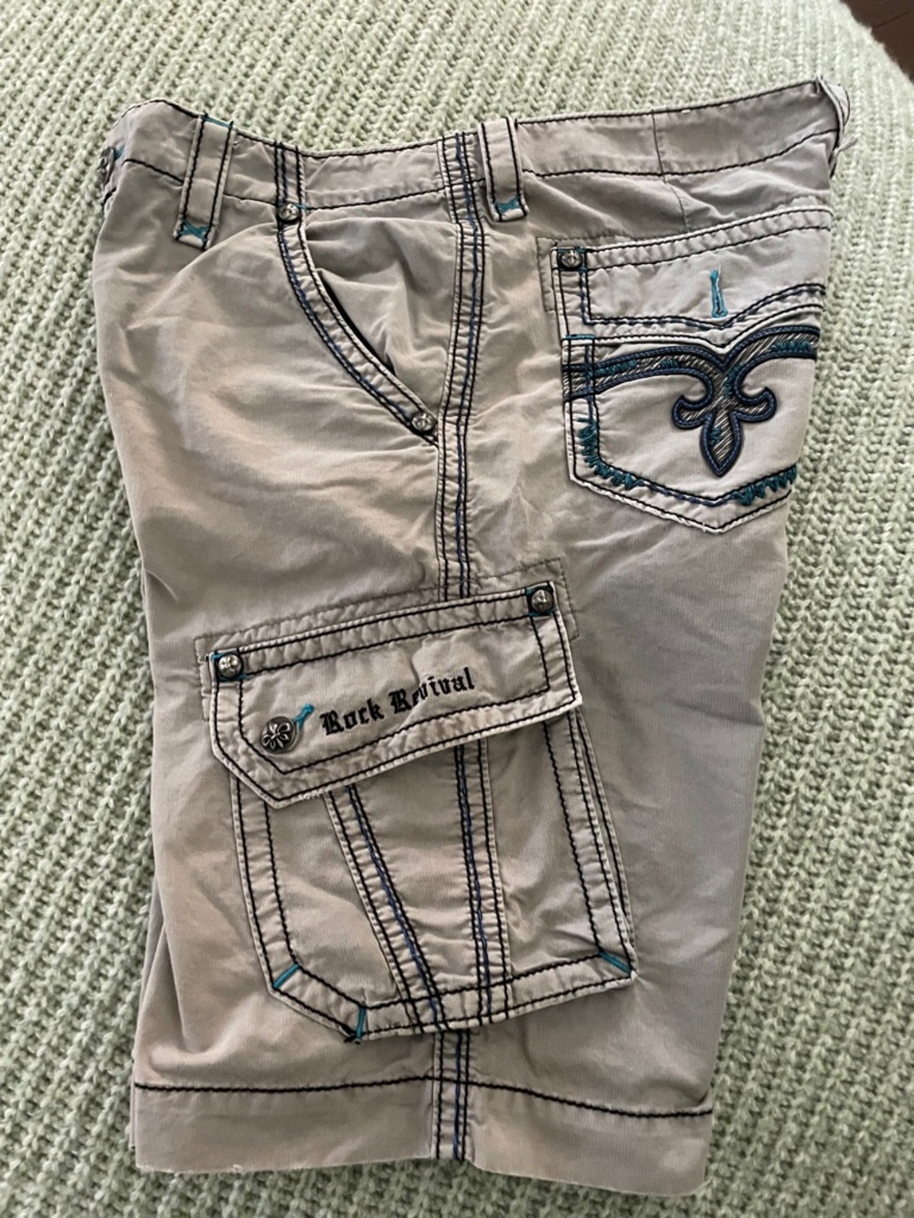 Rock Revival Light Beige Shorts with Turquoise & Navy Stitching